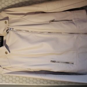 Guess Faux Leather Moto Jacket, Stone, size medium,  silver metal zippers.